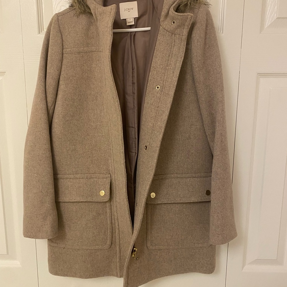 J.Crew Beige Wool Coat with Faux Fur Hood